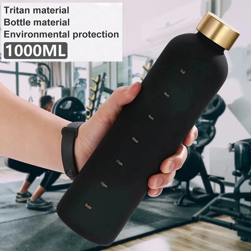 1L Water Bottle with Time Marker 32 OZ BPA Free Frosted Drink Bottles Gold Colored Cap
