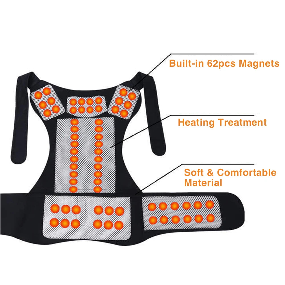 62Pcs Magnets Back Support Self-Heating Treatment Shoulder Spine Waist Brace Posture