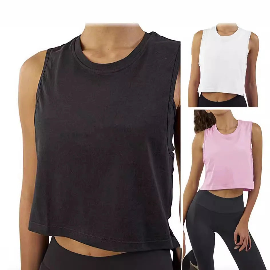 Cotton Women Sleeveless  Fitness Crop Top Loose Shirt