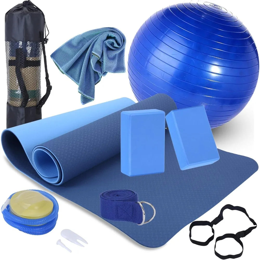 Yoga Beginners Set Blocks 2 Pack  Strap Ball Mat with Carrying Strap Net Bag Cooling Towel