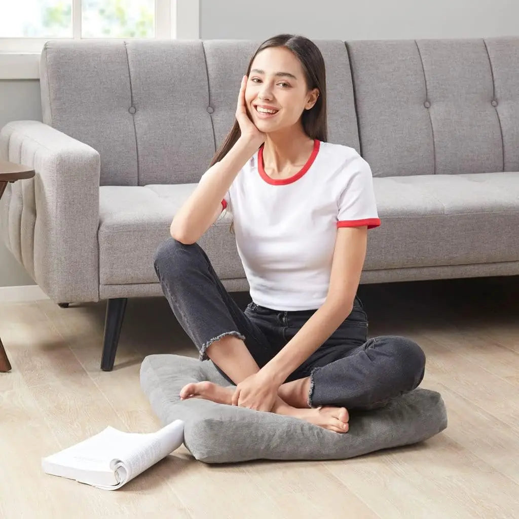 Meditation Floor Pillow Set of 2, Square Large Pillows Seating  22 X 22 in, Tufted Corduroy , Grey