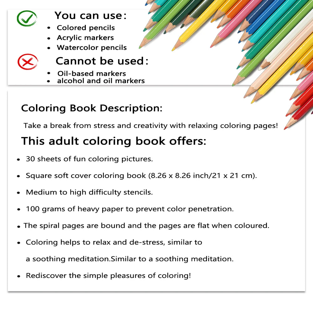 30 Sheets Adult Spiral Coloring Book, 8.26x 8.26 inch 100gsm Thick Paper