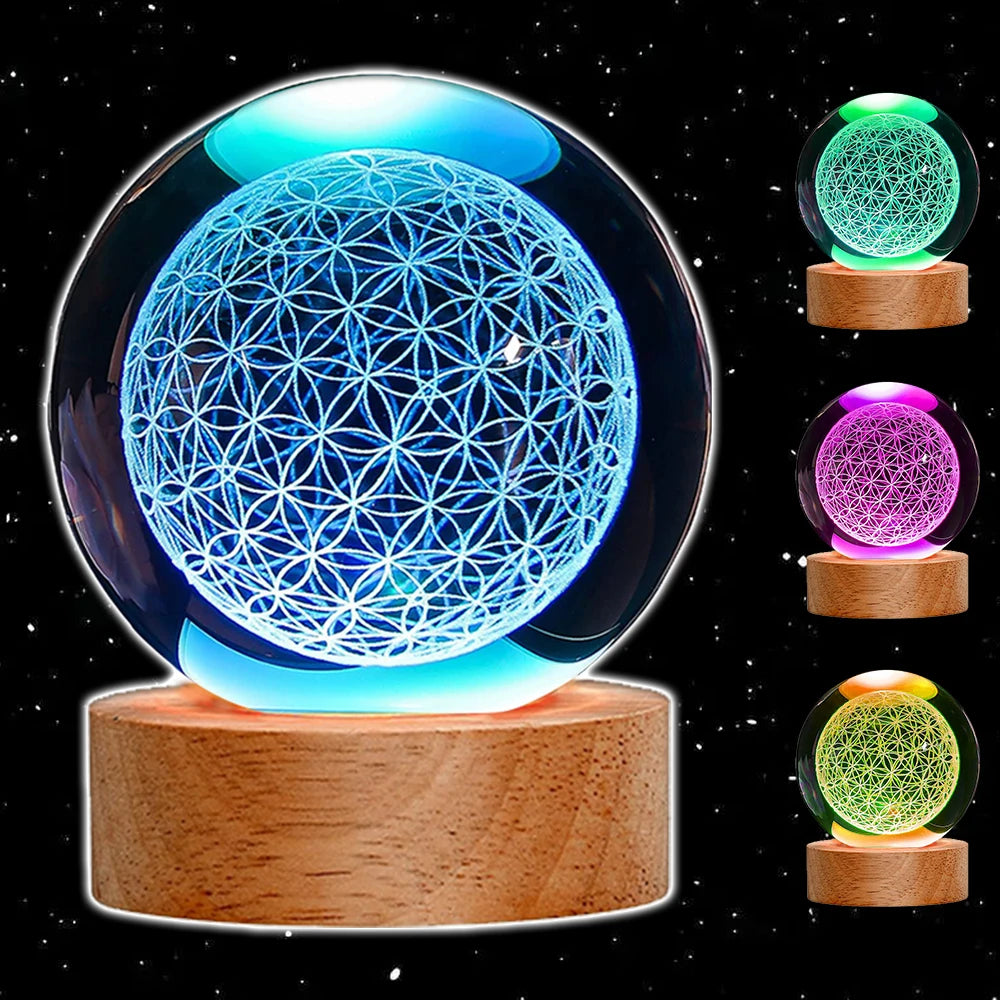 3D Laser Engraved Flower of Life Crystal Ball RGB 16 Colors Various Designs