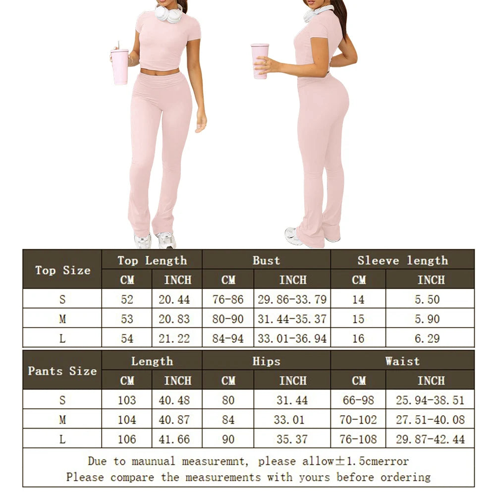 Women 2 Piece Lounge Sets Slim Fit Crew Neck Short Sleeve Top Flare Pants Basic Style Low Waist Daily Outfit Yoga Sports Outfit