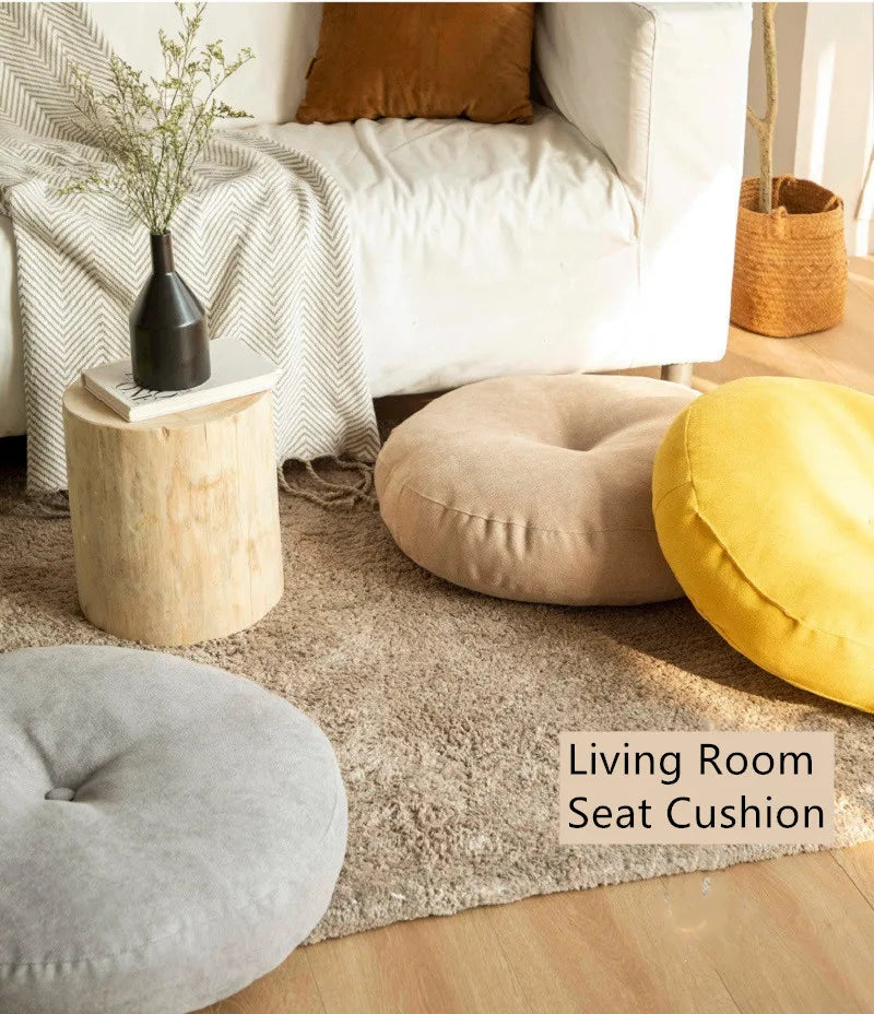 Floor Pillow Seat Cushion Thick Simple Japan Style Round Cotton and Linen 3 Sizes Multiple Colors