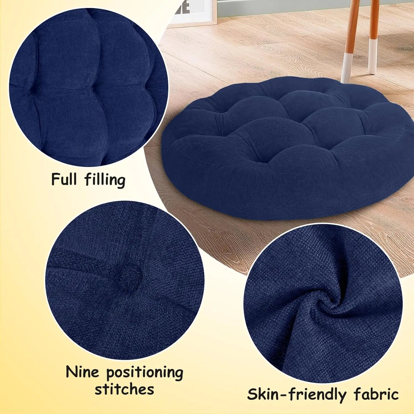 Set of 2, Round Large 22inch Floor Pillows 4 Inch Thick Tufted Memory Foam