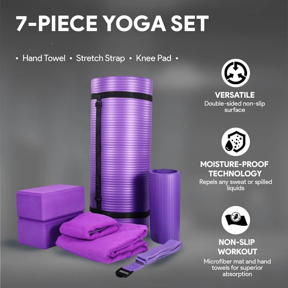 Yoga Equipment 7-Piece Set - Includes Mat with Carrying Strap, 2 Blocks, Mat Towel, Hand Towel, Strap